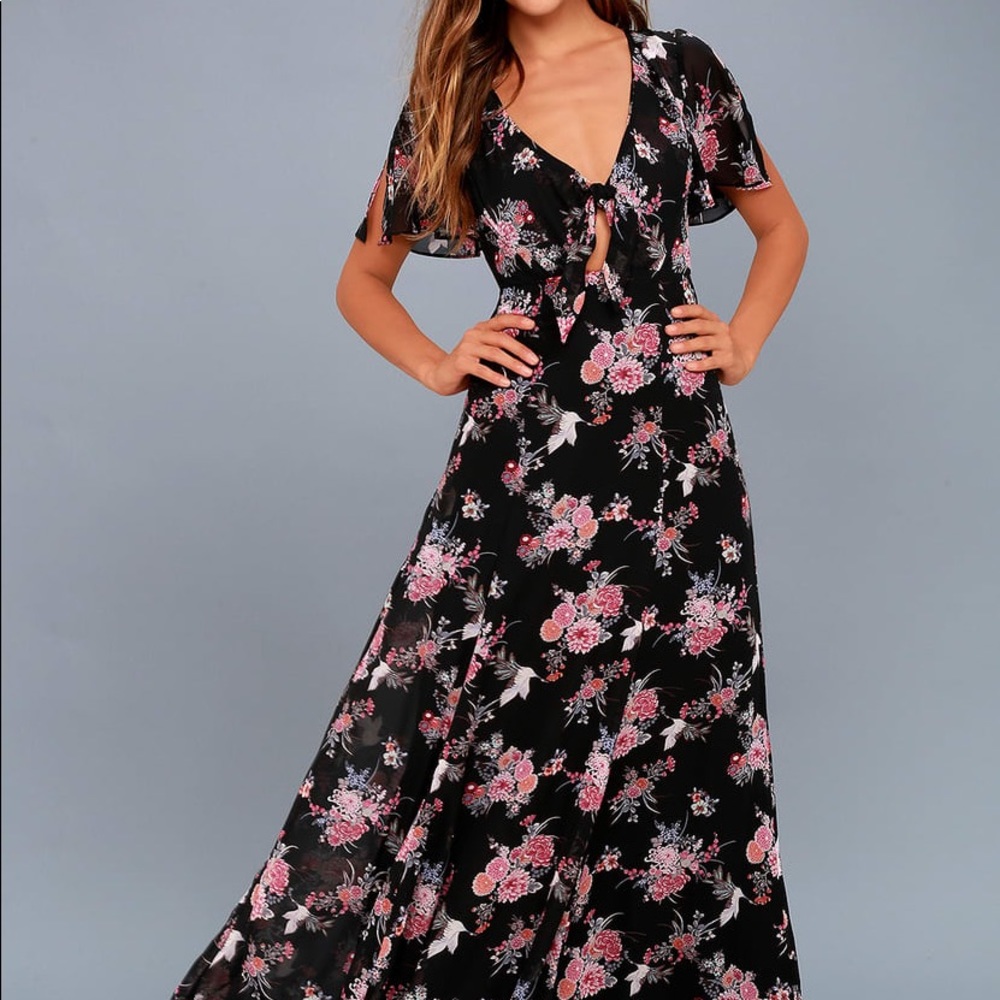 Wings of Love Black Floral Print Maxi Dress